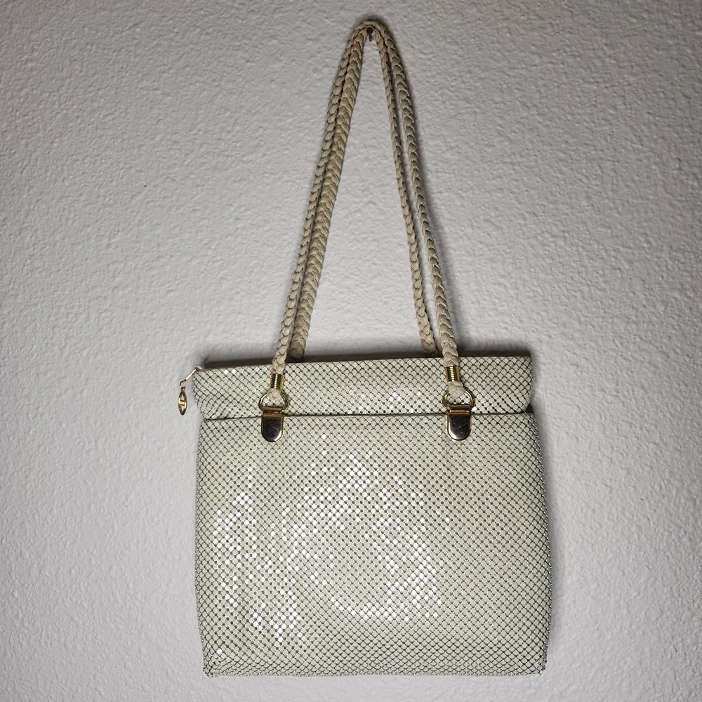 Retro Offwhite Tote Chainmail-like Diamond Shaped Links Cover It Gold Accents
